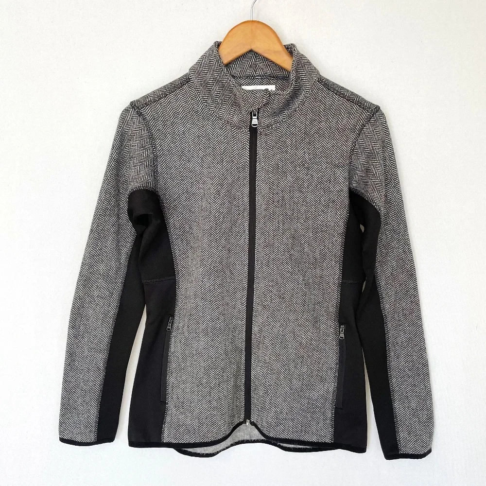 MNY Marc NY Women's Medium Full Zip Jacket Stand Up Collar Black Herringbone